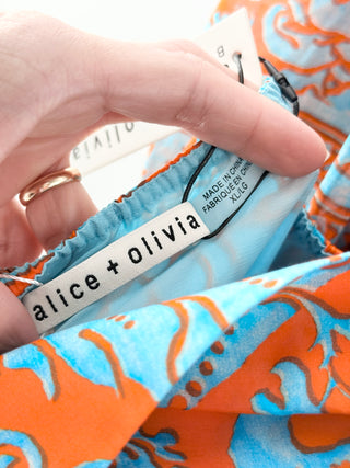 NWT Alice + Olivia Rowen Long Sleeve Babydoll Mini Dress Blue Orange Womens XL