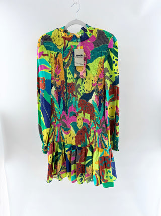Farm Rio x Smiley Colorful tropical smocked mini dress, M