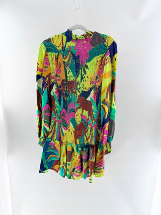 Farm Rio x Smiley Colorful tropical smocked mini dress, M