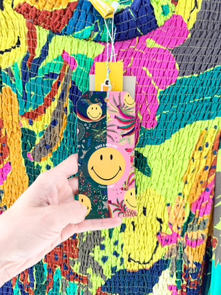 Farm Rio x Smiley Colorful tropical smocked mini dress, M