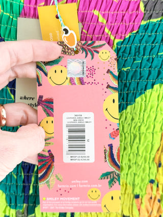 Farm Rio x Smiley Colorful tropical smocked mini dress, M