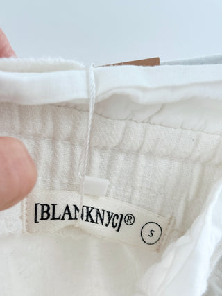 Blank NYC linen-blend jogger pants featuring paperbag elastic waistband, adjustable drawstring tie, oversized front patch pockets, S