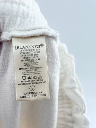 Blank NYC linen-blend jogger pants featuring paperbag elastic waistband, adjustable drawstring tie, oversized front patch pockets, S