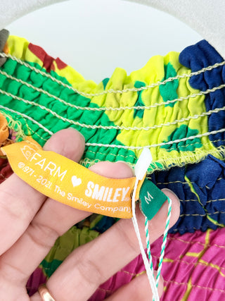 Farm Rio x Smiley Colorful tropical smocked mini dress, M