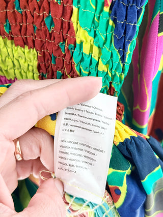 Farm Rio x Smiley Colorful tropical smocked mini dress, M