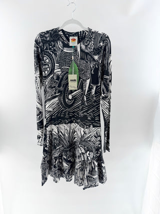 NWT FARM Rio Ruta Colorblock Ruffled Hem Mini Dress Black White Womens Large