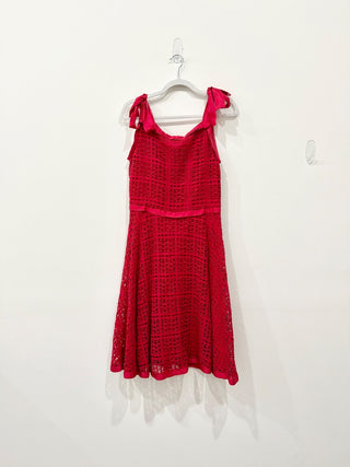 Carolina Herrera Eyelet Sleeveless Tie Shoulder A-Line Midi Dress Red Womens 4