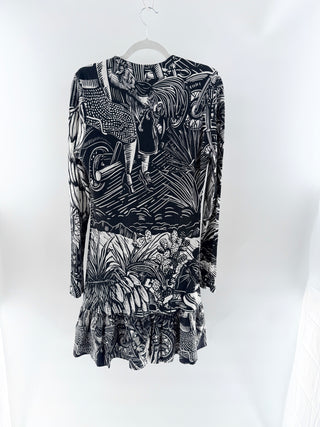NWT FARM Rio Ruta Colorblock Ruffled Hem Mini Dress Black White Womens Large