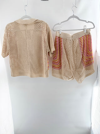 House Of Harlow crochet knit matching set featuring collared button-front short sleeve top and coordinating drawstring shorts in geometric pattern, M