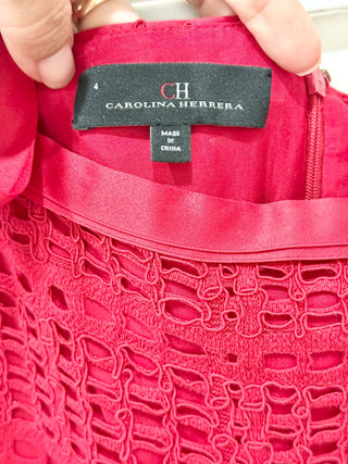 Carolina Herrera Eyelet Sleeveless Tie Shoulder A-Line Midi Dress Red Womens 4