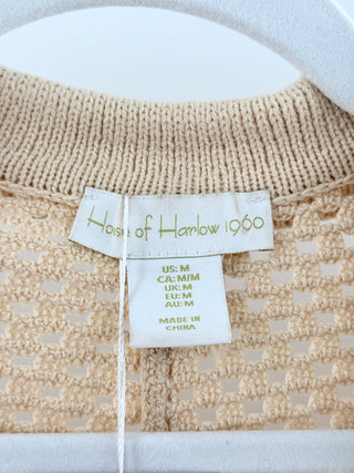 House Of Harlow crochet knit matching set featuring collared button-front short sleeve top and coordinating drawstring shorts in geometric pattern, M