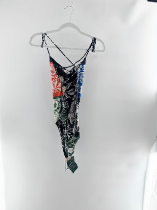 Agua Bendita Kali Wats one-piece swim featuring multicolor patchwork floral print, braided crisscross straps, XL
