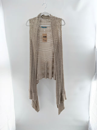 Alice and Olivia sleeveless crochet knit top featuring intricate open-knit detailing, S