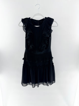 BCBGMaxazria Britt Sleeveless Round Neck Ruffle Trim Mini Dress Black Womens 0