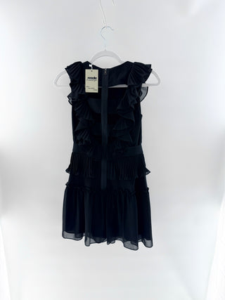 BCBGMaxazria Britt Sleeveless Round Neck Ruffle Trim Mini Dress Black Womens 0