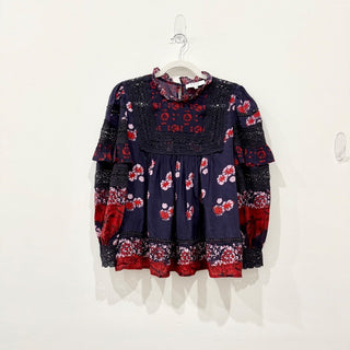Sea New York Eloise Ruffled Long Sleeve Boho Blouse Top Navy/Red Women's Size 4
