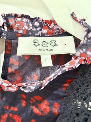 Sea New York Eloise Ruffled Long Sleeve Boho Blouse Top Navy/Red Women's Size 4