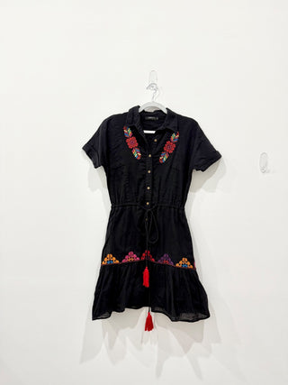 Carolina K Embroidered Mini Boho Shirt Dress with Tassel Tie Black Women Size XS
