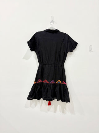 Carolina K Embroidered Mini Boho Shirt Dress with Tassel Tie Black Women Size XS