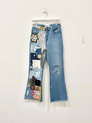 BDG Embroidered DIY Craft High Waisted Cropped Flare Jeans Blue Womens Size 27