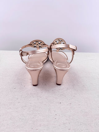 Tory Burch metallic leather T strap wedge sandals, 8.5