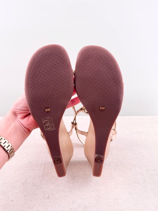 Tory Burch metallic leather T strap wedge sandals, 8.5