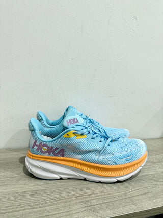 NWOT Hoka One One Clifton 9 Mesh Running Shoes Blue Orange Men's EU 42c / 9.5