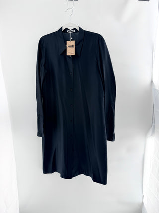 Jil Sander 100% Silk Long Sleeve Collared Midi Shirt Dress Black Women's Size 8