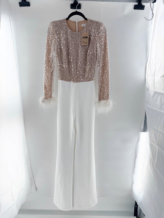 Nadine Merabi beaded and feather trim jumpsuit, S