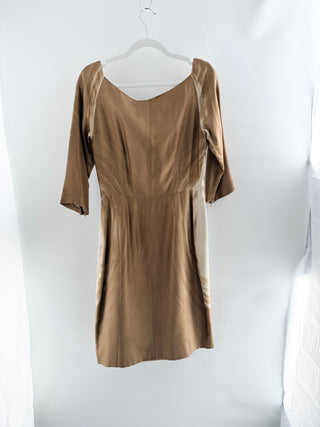Prada Silk Boatneck Knee Length Sheath Dress Brown Cream Womens 44 IT / US 8