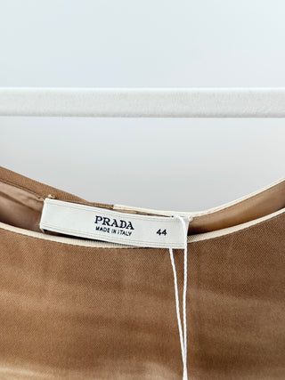 Prada Silk Boatneck Knee Length Sheath Dress Brown Cream Womens 44 IT / US 8
