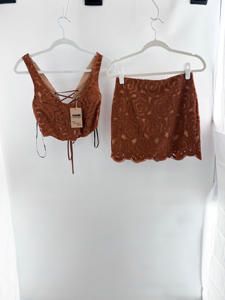 For Love & Lemons two-piece set featuring structured cropped corset-style top and matching mini skirt designed with intricate floral lace embroidery over a nude lining, S