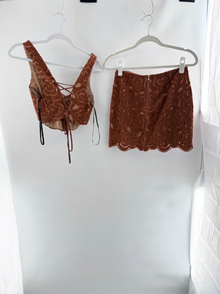 For Love & Lemons two-piece set featuring structured cropped corset-style top and matching mini skirt designed with intricate floral lace embroidery over a nude lining, S