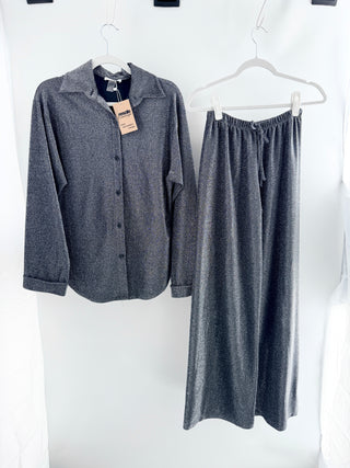 soiree miami beach two-piece lounge set featuring relaxed button-down collared blouse and matching drawstring wide-leg pants crafted in soft metallic knit fabric with an allover sparkle finish, S