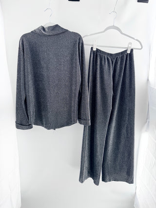 soiree miami beach two-piece lounge set featuring relaxed button-down collared blouse and matching drawstring wide-leg pants crafted in soft metallic knit fabric with an allover sparkle finish, S