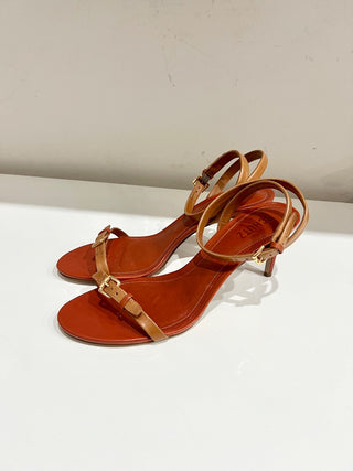 Schutz Aurora Mid Heel Leather Buckle Ankle-Strap Sandals Orange Women's 9.5
