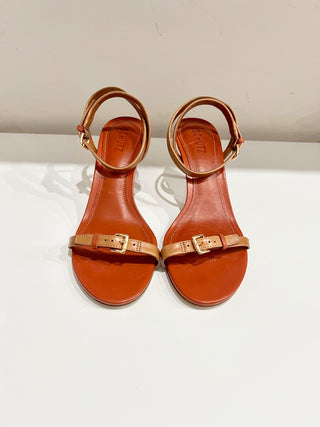 Schutz Aurora Mid Heel Leather Buckle Ankle-Strap Sandals Orange Women's 9.5