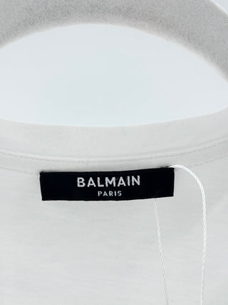 Balmain Paris Double Logo Short Sleeve Crewneck Graphic T-Shirt Top White Gold M