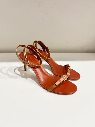 Schutz Aurora Mid Heel Leather Buckle Ankle-Strap Sandals Orange Women's 9.5