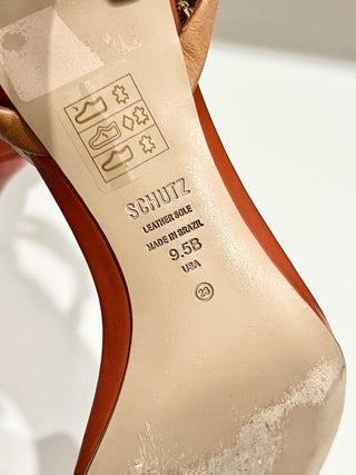 Schutz Aurora Mid Heel Leather Buckle Ankle-Strap Sandals Orange Women's 9.5