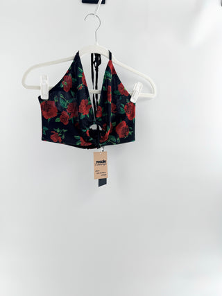 NBD dramatic rose-print halter crop top with plunging neckline ad statement front ring detail in a mesh-style fabric, S