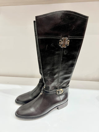 NWT Tory Burch Eloise Leather Gold Logo Riding Knee High Boots Women's brown 9.5