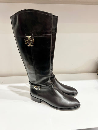 NWT Tory Burch Eloise Leather Gold Logo Riding Knee High Boots Women's brown 9.5