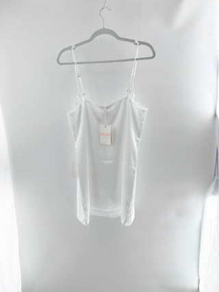 Show Me Your Mumu satin mini dress featuring draped cowl neckline, adjustable spaghetti straps, and sleek slip silhouette, M