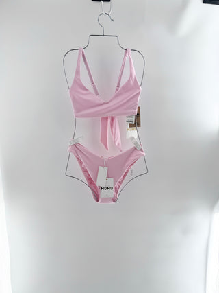 Show Me Your Mumu two-piece shimmer bikini set featuring scoop-neck bikini top with adjustable straps, paired with coordinating high-cut bottoms, M