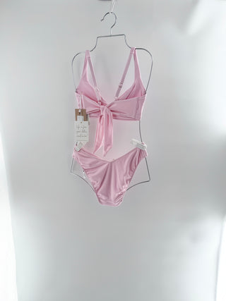 Show Me Your Mumu two-piece shimmer bikini set featuring scoop-neck bikini top with adjustable straps, paired with coordinating high-cut bottoms, M