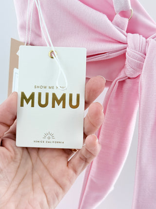 Show Me Your Mumu two-piece shimmer bikini set featuring scoop-neck bikini top with adjustable straps, paired with coordinating high-cut bottoms, M