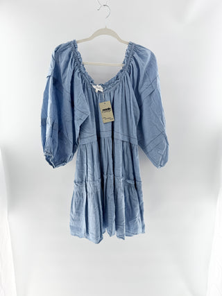 The Great. Nightingale Puff Sleeve Babydoll Mini Dress Light Chambray Womens 1/S