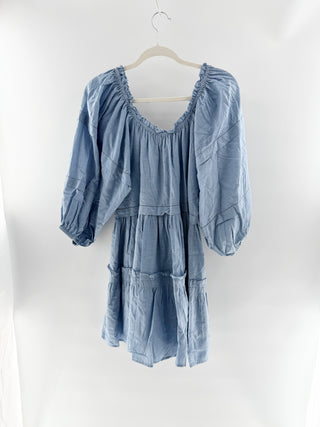 The Great. Nightingale Puff Sleeve Babydoll Mini Dress Light Chambray Womens 1/S