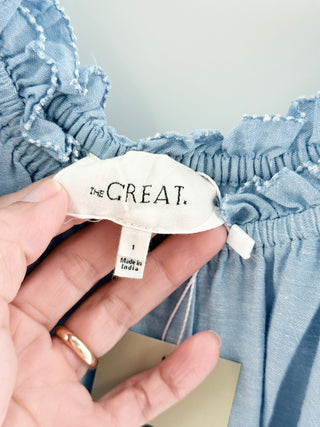 The Great. Nightingale Puff Sleeve Babydoll Mini Dress Light Chambray Womens 1/S